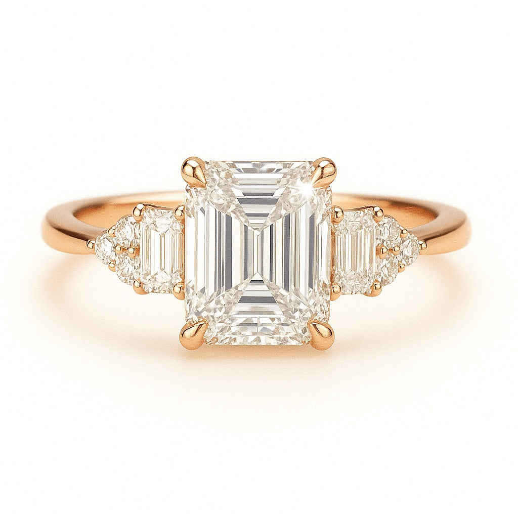 1.5 Carat Lab-Grown Emerald-Cut Trilogy Engagement Ring - 18k Yellow Gold