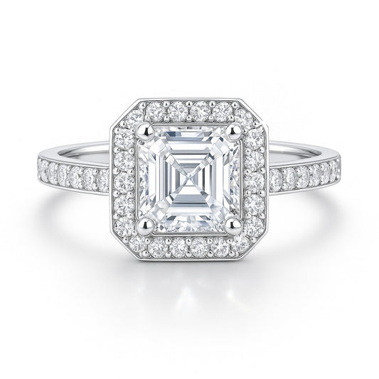 1 Carat Lab-Grown Asscher Diamond Halo Engagement Ring - 18k Yellow Gold