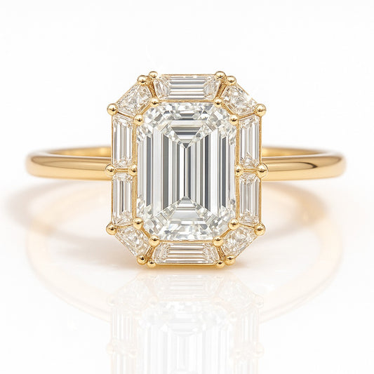 1 Carat Lab-Grown Halo Engagement Ring in 18k White Gold – Emerald Cut Diamond