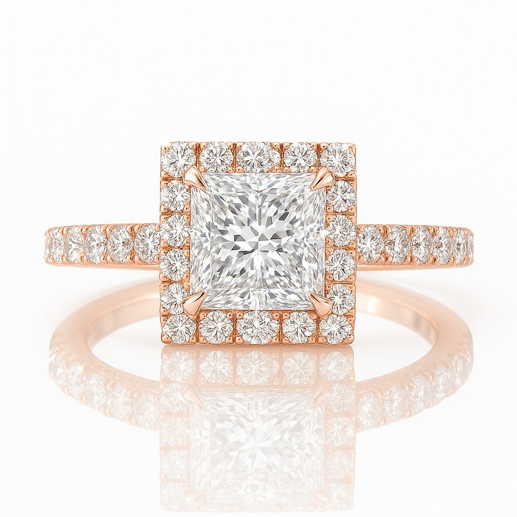 1 Carat Lab-Grown Halo Engagement Ring in 18k White Gold – Princess Cut Diamond