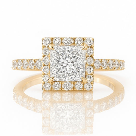 1 Carat Lab-Grown Halo Engagement Ring in 18k White Gold – Princess Cut Diamond