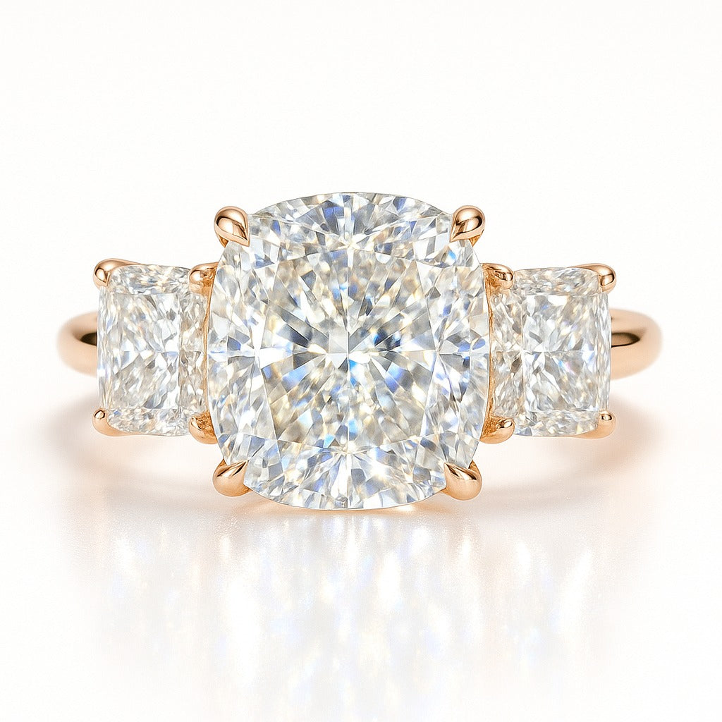 3 Carat Cushion Lab-Grown Diamond Trilogy Engagement Ring - 18k Yellow Gold