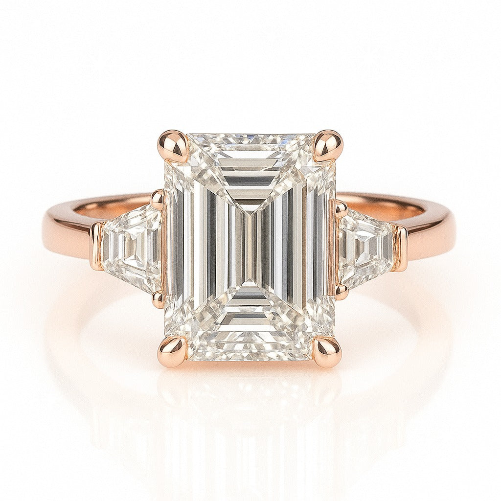 4 Carat Lab-Grown Trilogy Engagement Ring in 18k White Gold – Emerald Cut Diamond
