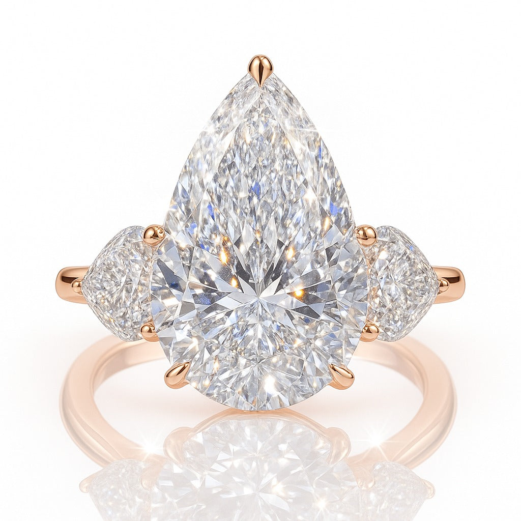 8 Carat Lab-Grown Pear Diamond Trilogy Engagement Ring - 18k White Gold