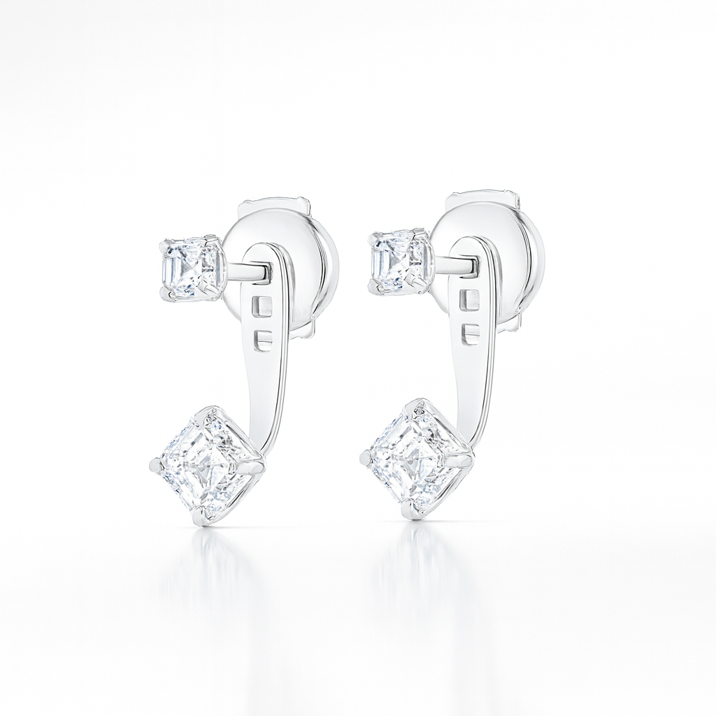 Angled Asscher Shaped Diamond Slider Earrings - 18k White Gold