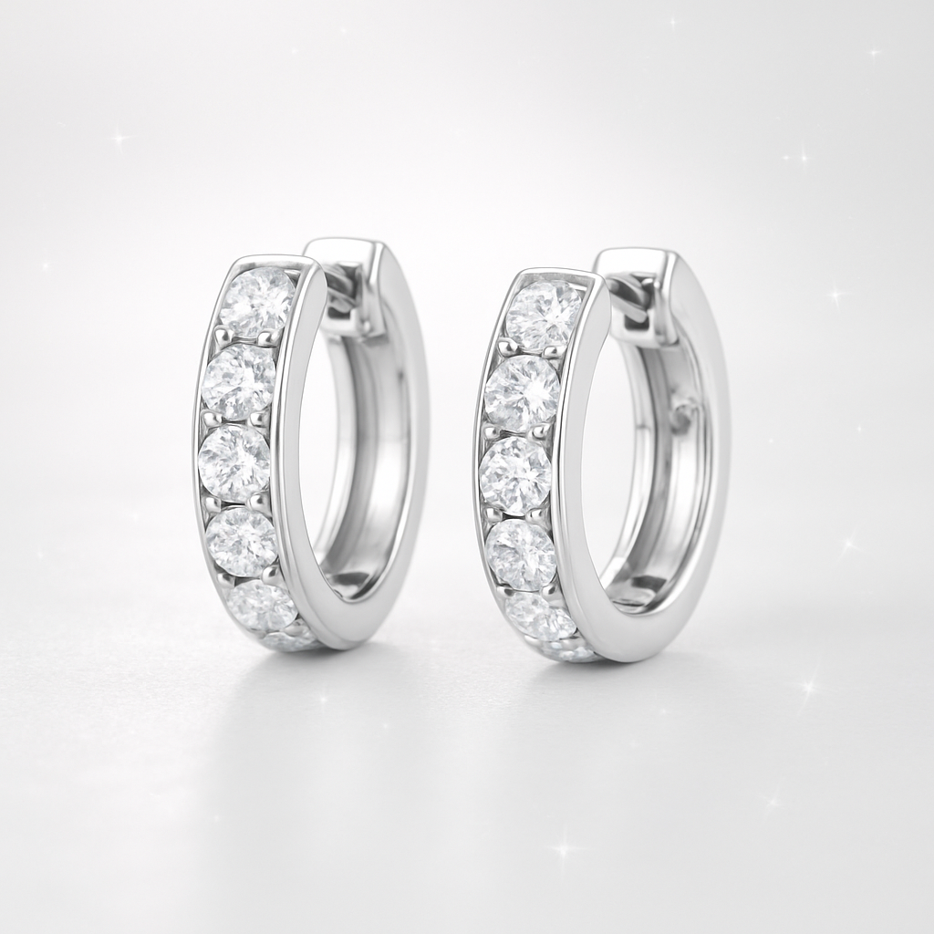 Channel Set Diamond Huggie Earrings - 18k White Gold