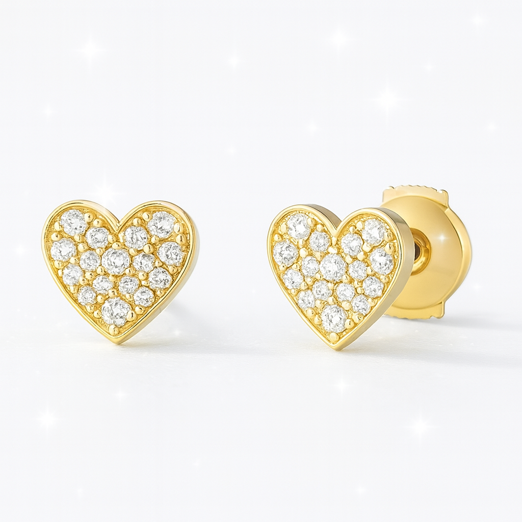 Diamond Heart Stud Earrings - 18K Yellow Gold