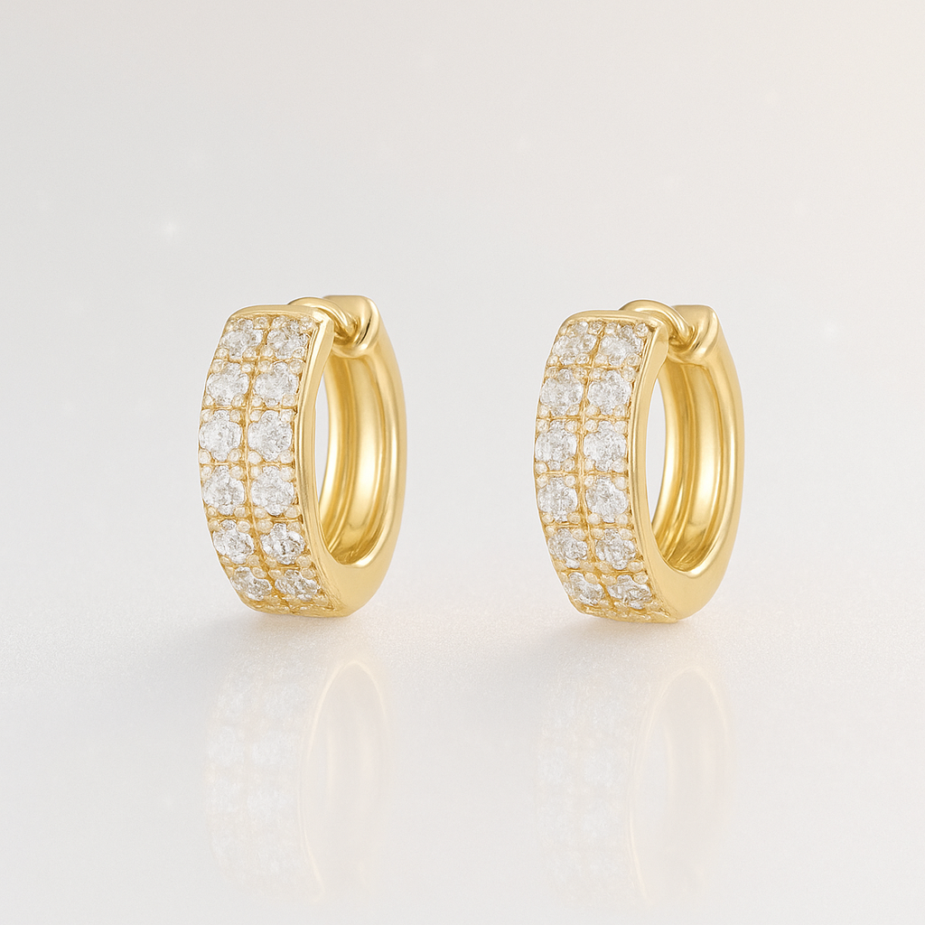 Double Row Diamond Huggie Hoop Earrings - 18K Yellow Gold