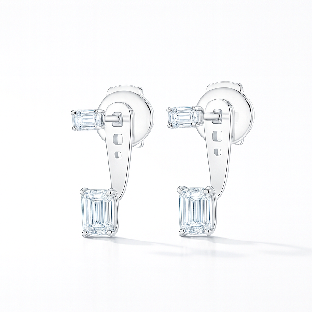 Emerald Shaped Diamond Slider Earrings White Gold