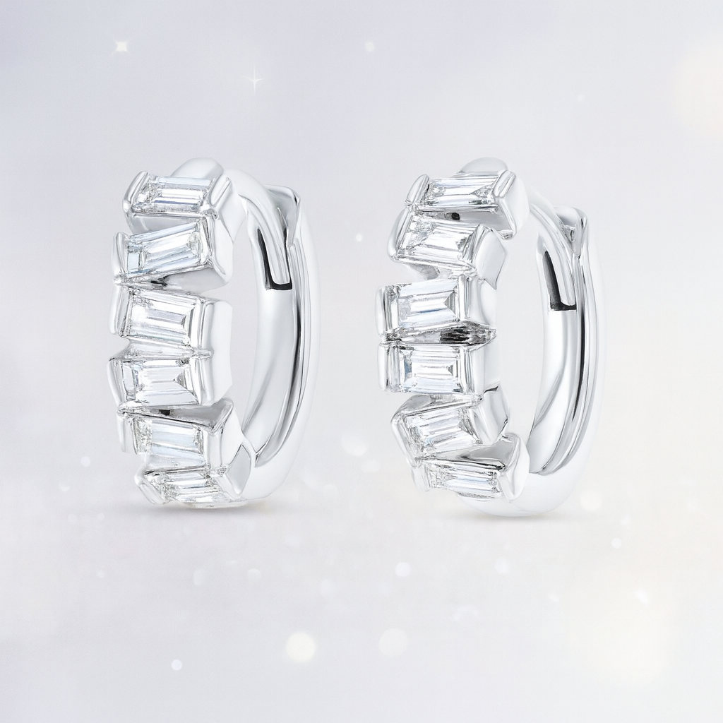 Half Horizontal Baguette Diamond Hoop Earrings - 18k White Gold