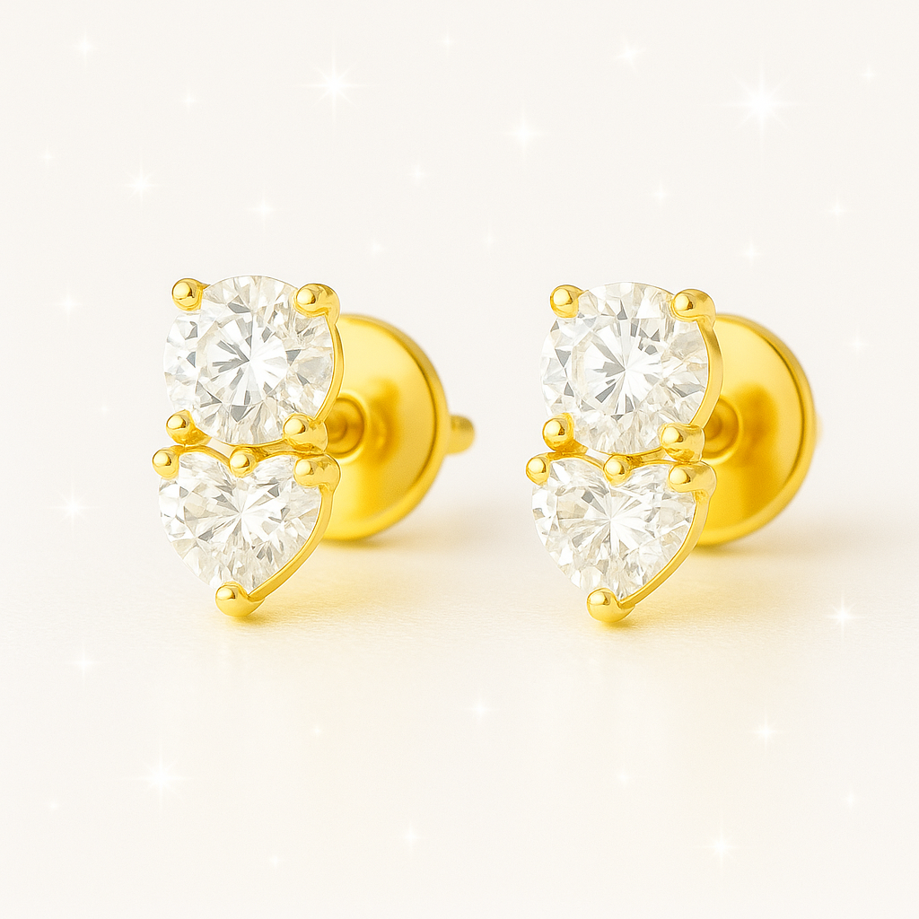 Heart and Round Duo Diamond Stud Earrings - 18K Yellow Gold
