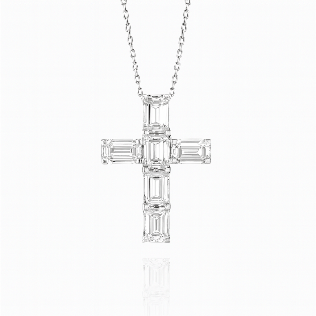 1.85ct - Large Emerald Cut Diamond Cross Pendant in White Gold | Arabic Letter Pendant - ز