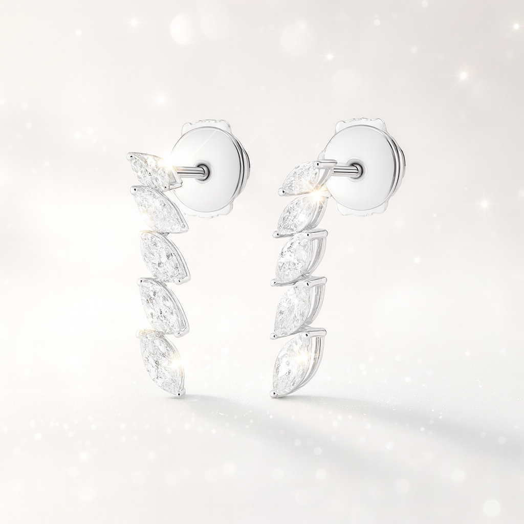 Petite Graduated Marquise Diamond Line Earrings - 18K White Gold