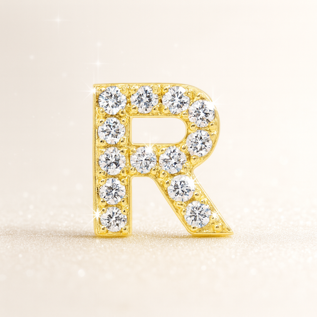 R Letter Stud Earring Yellow Gold