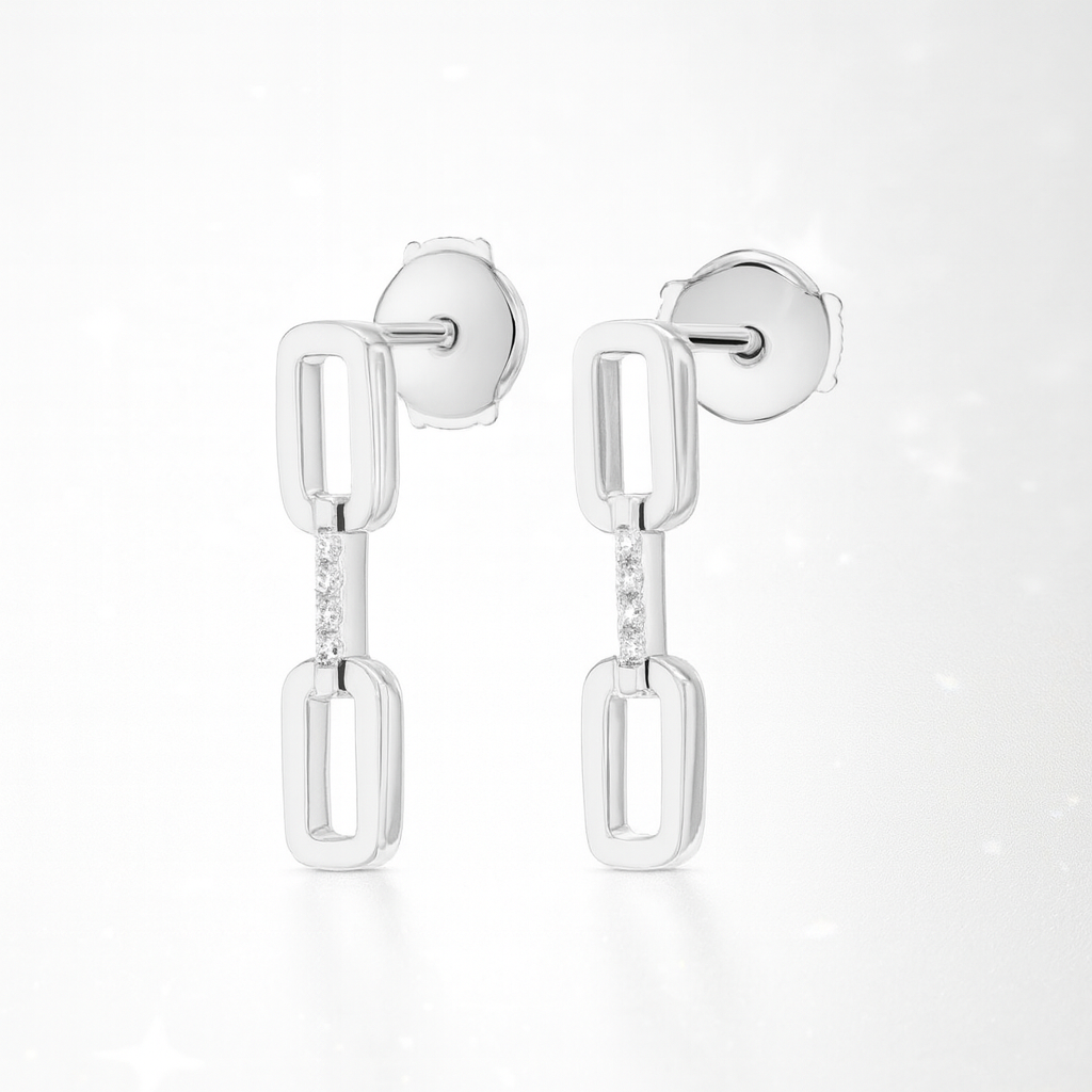 Single Diamond Link Earrings - 18K White Gold