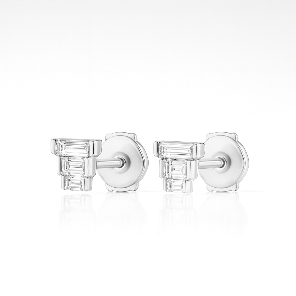 Trio Baguette Diamond Earrings in White Gold