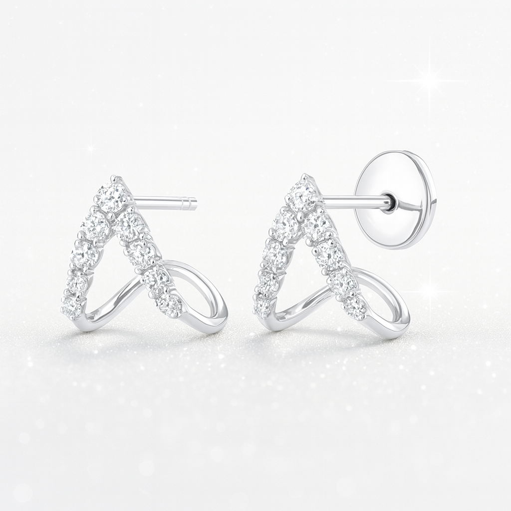 V-Shaped Diamond Curl Earrings - 18K White Gold