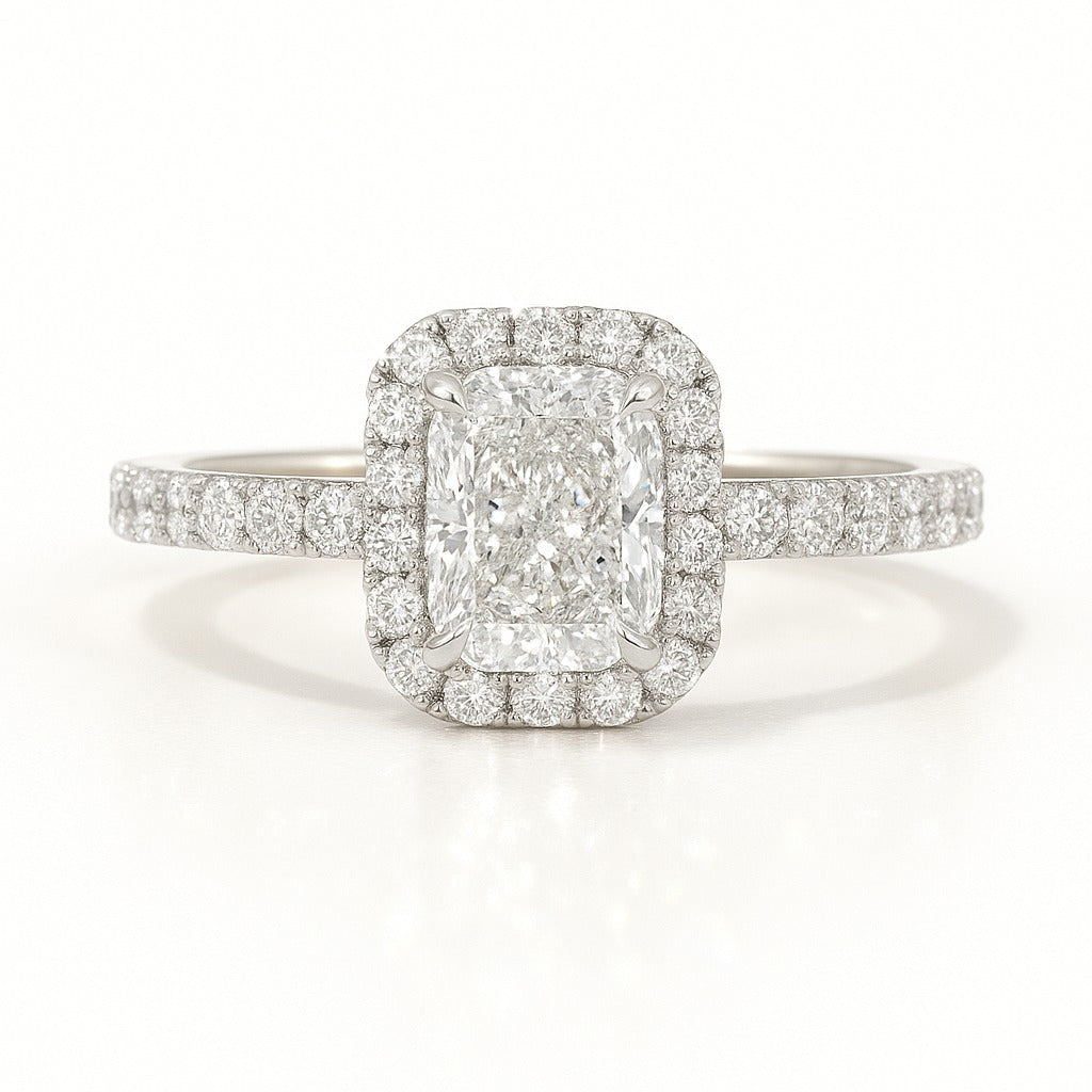 0.5 Carat Lab-Grown Halo Engagement Ring 18k White Gold – Radiant Diamond