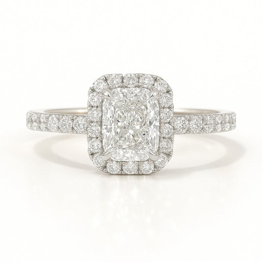 0.5 Carat Lab-Grown Halo Engagement Ring 18k White Gold – Radiant Diamond