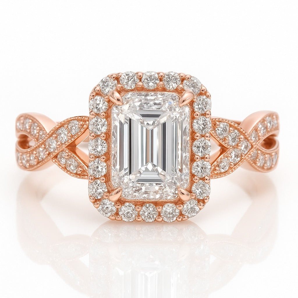 0.5 Carat Lab-Grown Halo Engagement Ring in Emerald Cut Diamond – 18k White Gold