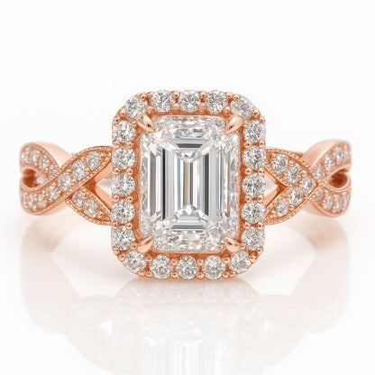 0.5 Carat Lab-Grown Halo Engagement Ring in Emerald Cut Diamond – 18k White Gold