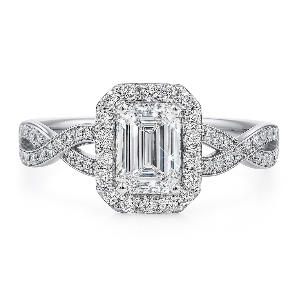 0.5 Carat Lab-Grown Halo Engagement Ring in Emerald Cut Diamond – 18k White Gold