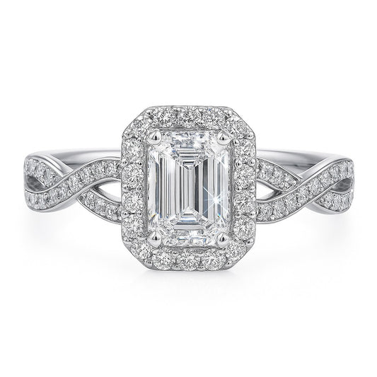 0.5 Carat Lab-Grown Halo Engagement Ring in Emerald Cut Diamond – 18k White Gold