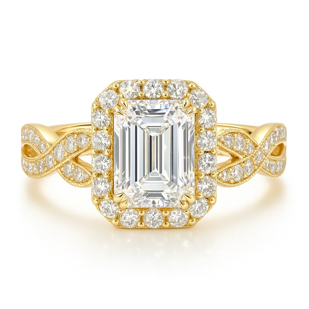 0.5 Carat Lab-Grown Halo Engagement Ring in Emerald Cut Diamond – 18k White Gold
