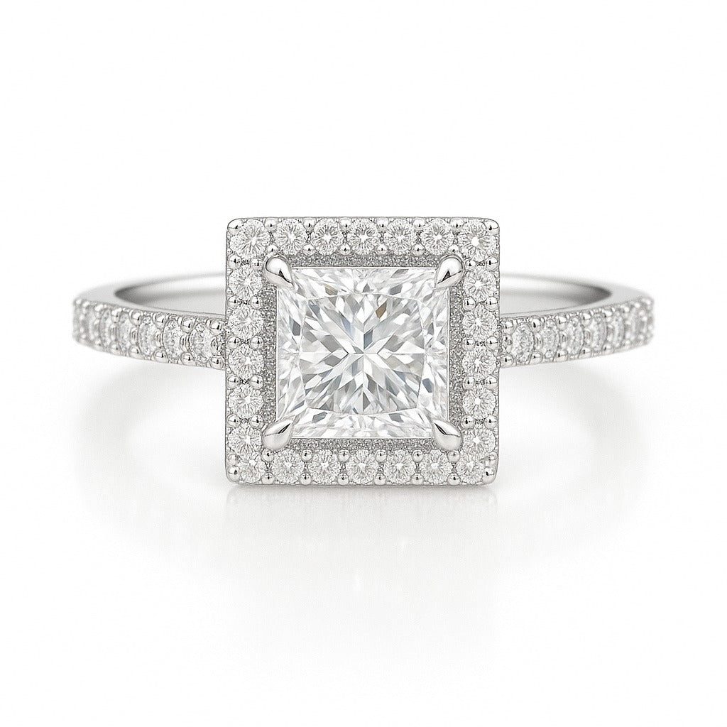 0.5 Carat Lab-Grown Princess Diamond Halo Engagement Ring 18k White Gold