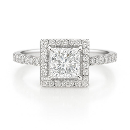 0.5 Carat Lab-Grown Princess Diamond Halo Engagement Ring 18k White Gold