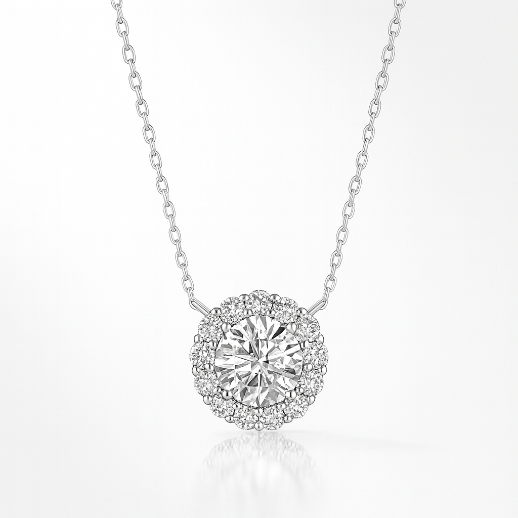 1.2ct - Round Diamond Halo Pendant – 18k White Gold