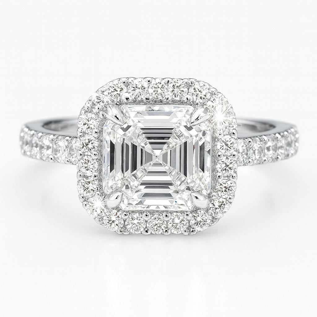 1.5 Carat Asscher Cut Lab-Grown Halo Engagement Ring - 18k White Gold