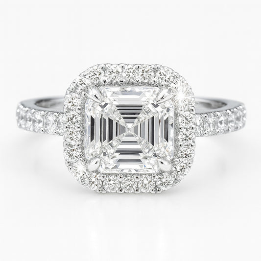 1.5 Carat Asscher Cut Lab-Grown Halo Engagement Ring - 18k White Gold