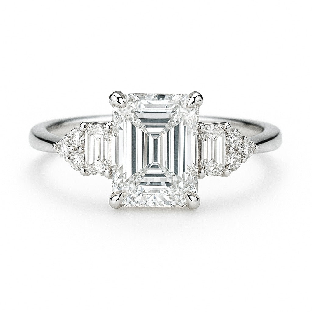 1.5 Carat Lab-Grown Emerald-Cut Trilogy Engagement Ring - 18k Yellow Gold