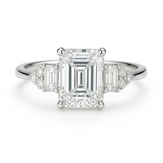 1.5 Carat Lab-Grown Emerald-Cut Trilogy Engagement Ring - 18k Yellow Gold
