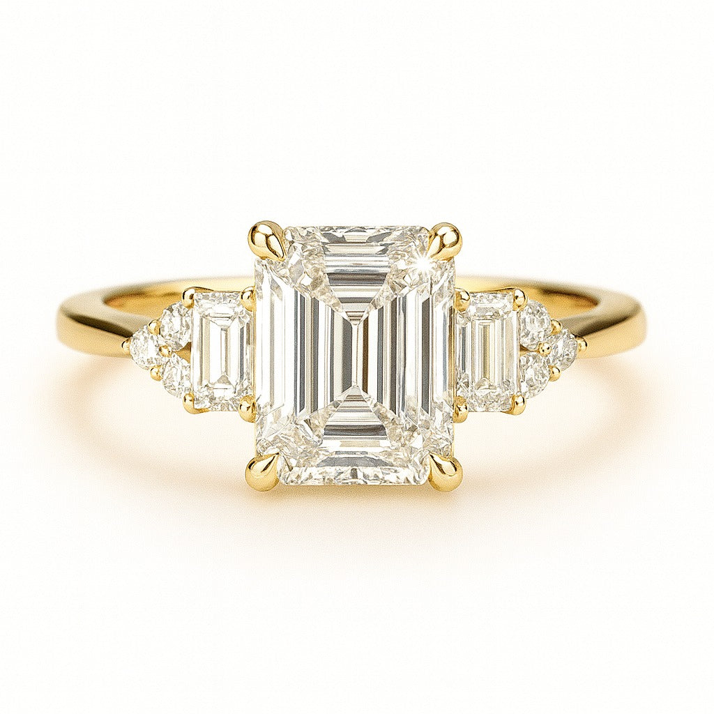 1.5 Carat Lab-Grown Emerald-Cut Trilogy Engagement Ring - 18k Yellow Gold