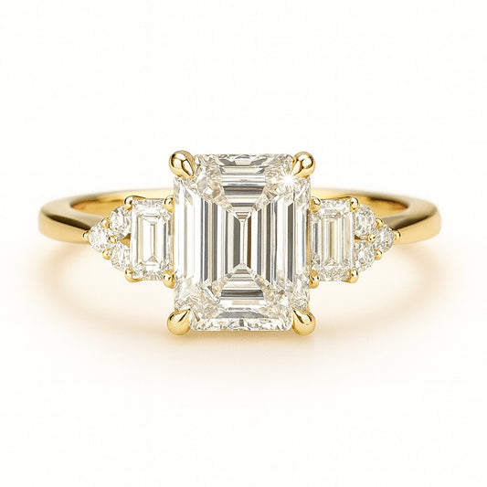 1.5 Carat Lab-Grown Emerald-Cut Trilogy Engagement Ring - 18k Yellow Gold