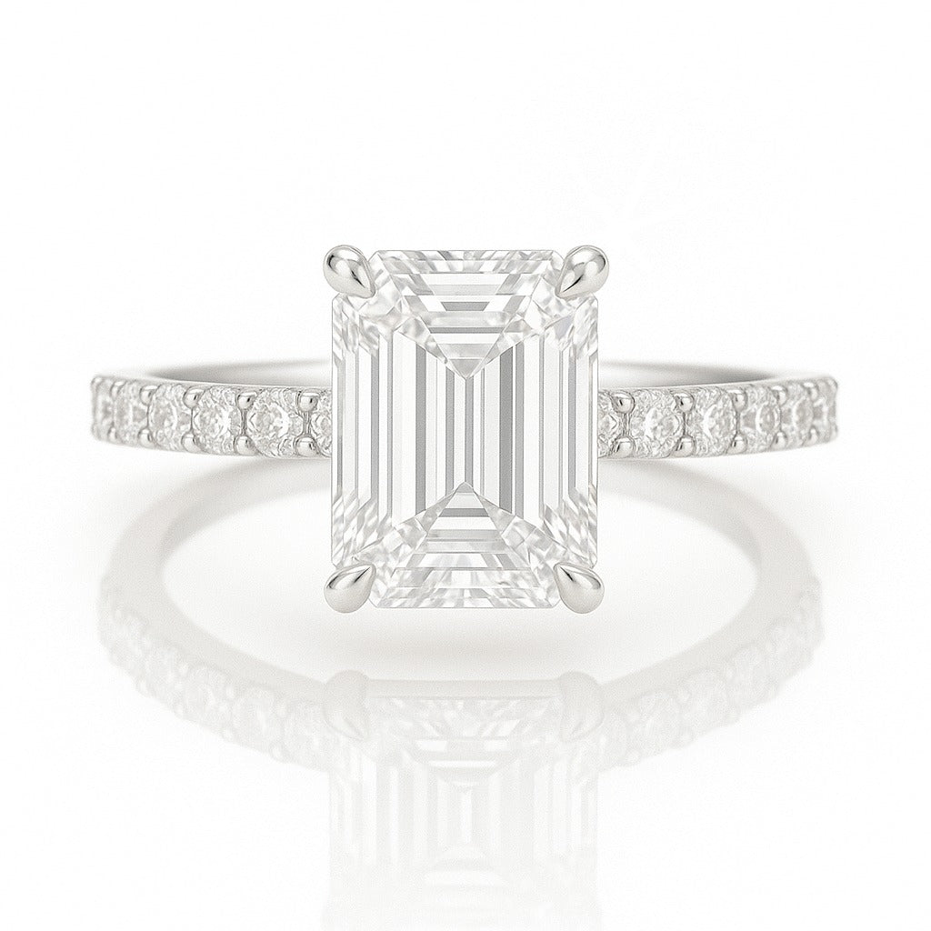 1.5 Carat Lab-Grown Emerald Cut Diamond Band Engagement Ring - 18K White Gold