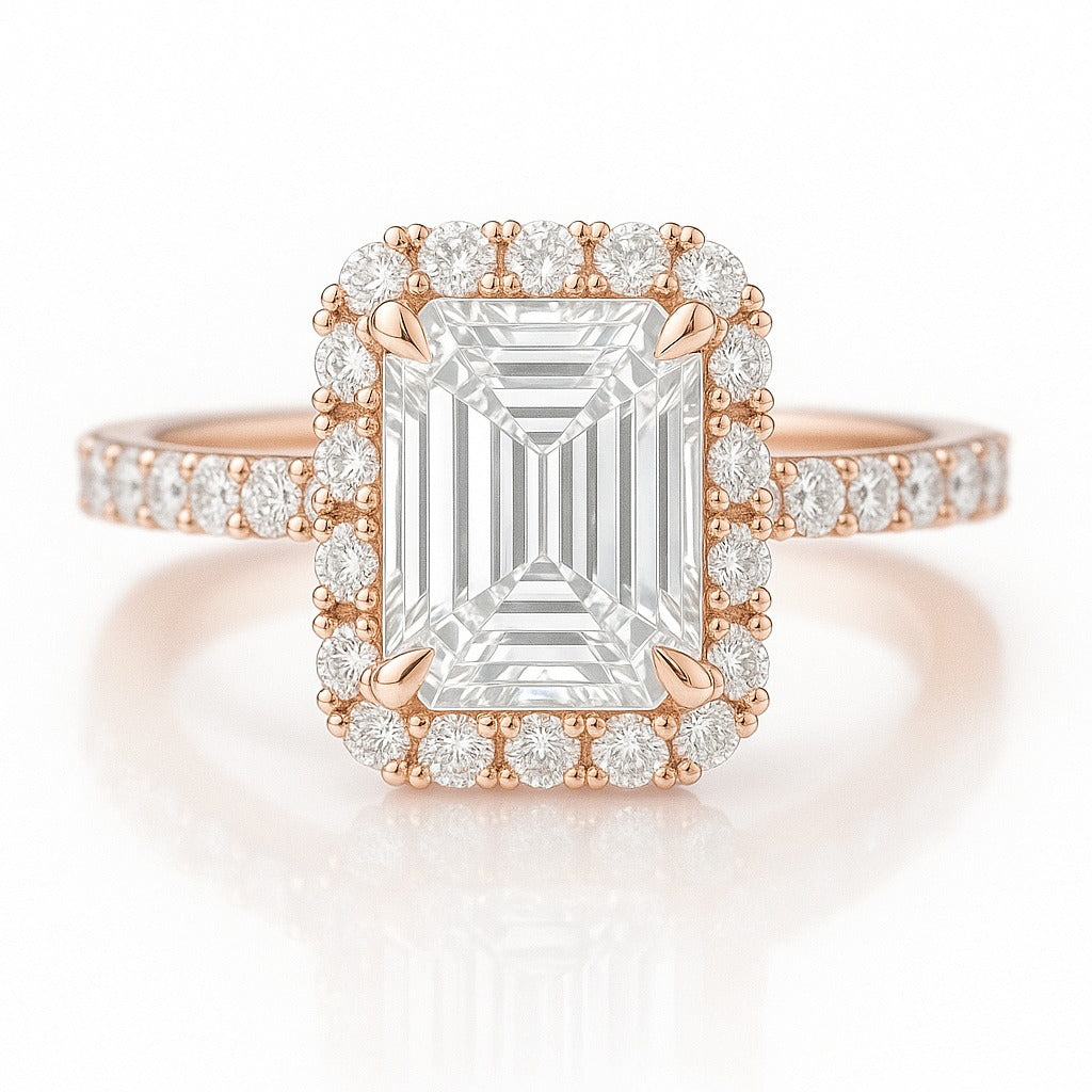 1.5 Carat Lab-Grown Emerald Cut Diamond Halo Engagement Ring - 18K White Gold