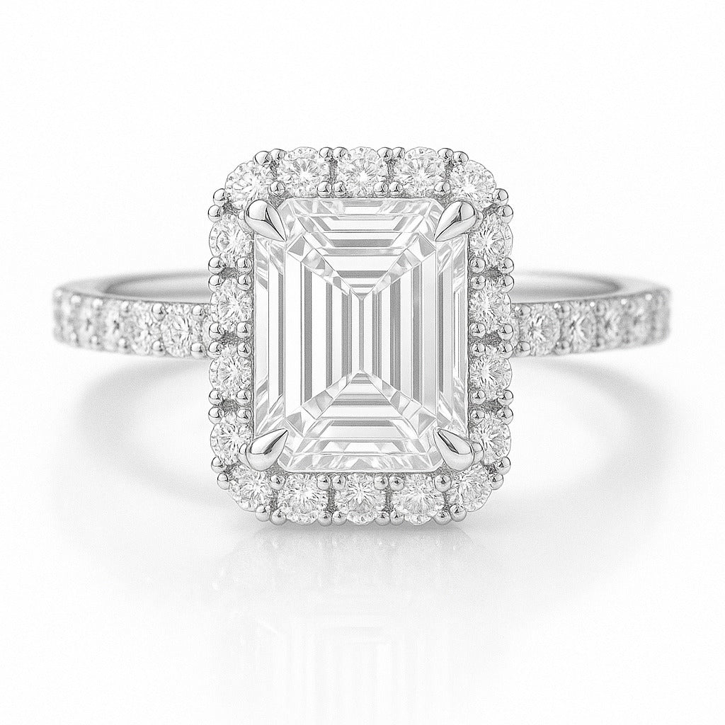 1.5 Carat Lab-Grown Emerald Cut Diamond Halo Engagement Ring - 18K White Gold