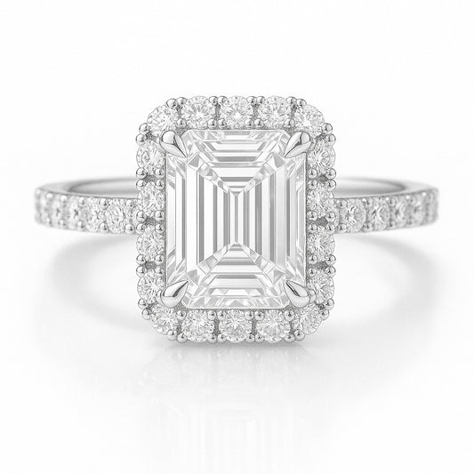 1.5 Carat Lab-Grown Emerald Cut Diamond Halo Engagement Ring - 18K White Gold