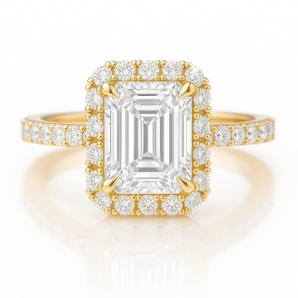 1.5 Carat Lab-Grown Emerald Cut Diamond Halo Engagement Ring - 18K White Gold