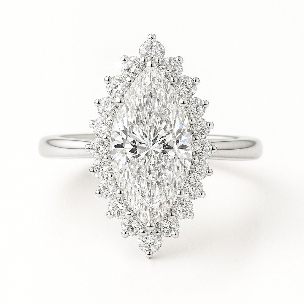 1.5 Carat Lab-Grown Halo Engagement Ring in 18k Yellow Gold – Marquise Diamond