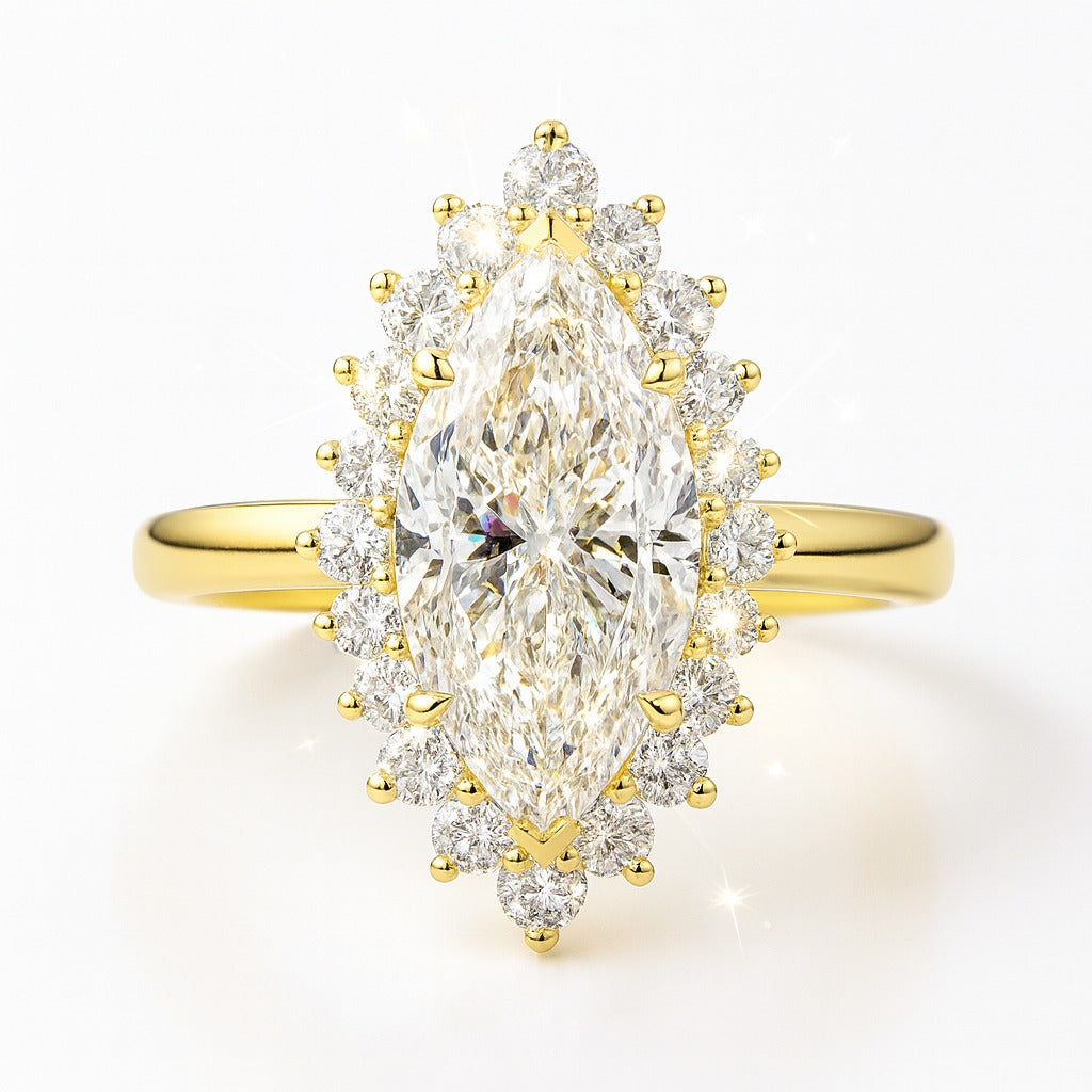 1.5 Carat Lab-Grown Halo Engagement Ring in 18k Yellow Gold – Marquise Diamond