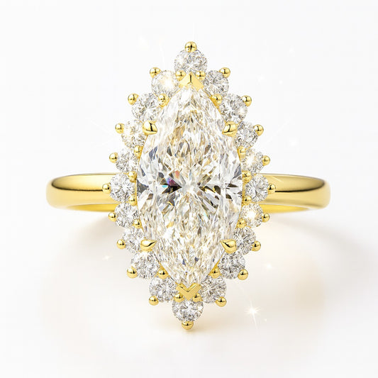 1.5 Carat Lab-Grown Halo Engagement Ring in 18k Yellow Gold – Marquise Diamond