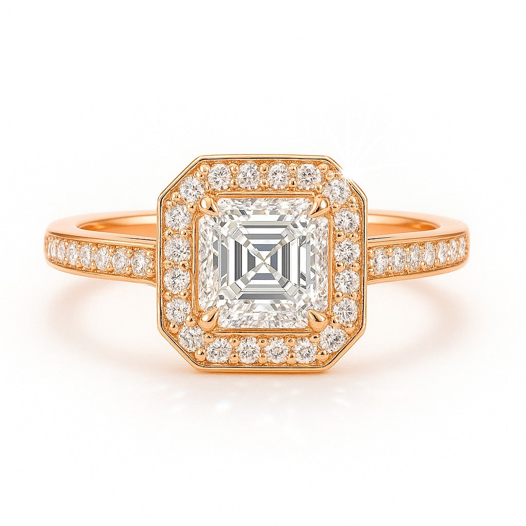 1 Carat Lab-Grown Asscher  Diamond Halo Engagement Ring - 18k Yellow Gold