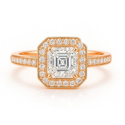 1 Carat Lab-Grown Asscher  Diamond Halo Engagement Ring - 18k Yellow Gold