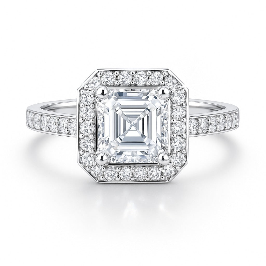 1 Carat Lab-Grown Asscher  Diamond Halo Engagement Ring - 18k Yellow Gold