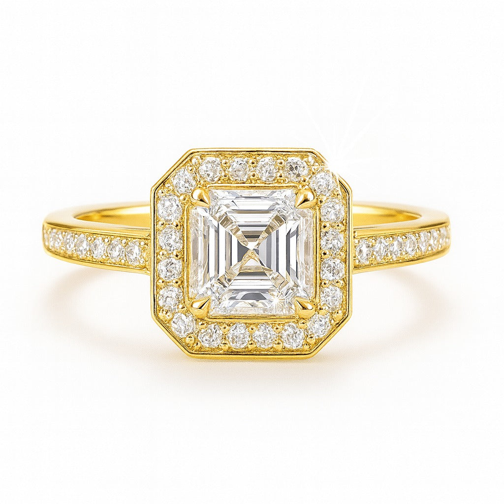 1 Carat Lab-Grown Asscher  Diamond Halo Engagement Ring - 18k Yellow Gold