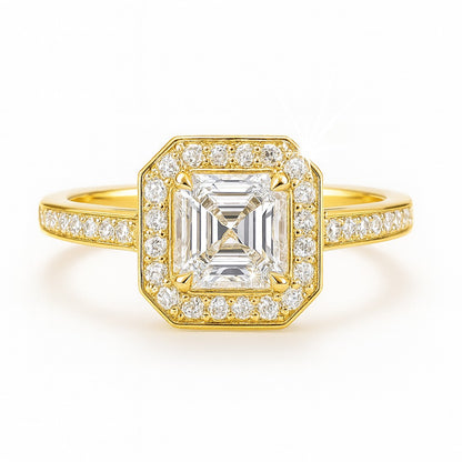1 Carat Lab-Grown Asscher  Diamond Halo Engagement Ring - 18k Yellow Gold